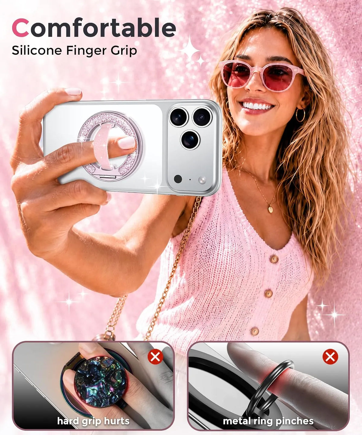 Gripmate Ring in Glitter Pink — comfortable soft silicone finger grip