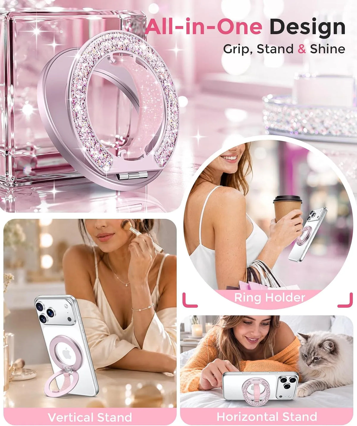 Gripmate Ring in Glitter Pink — all-in-one design, grip, stand and shine