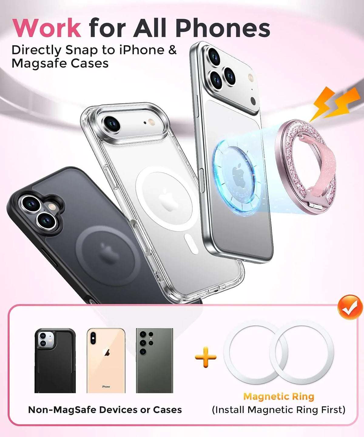 Gripmate Ring in Glitter Pink — works with iPhone and MagSafe cases, metal rings included