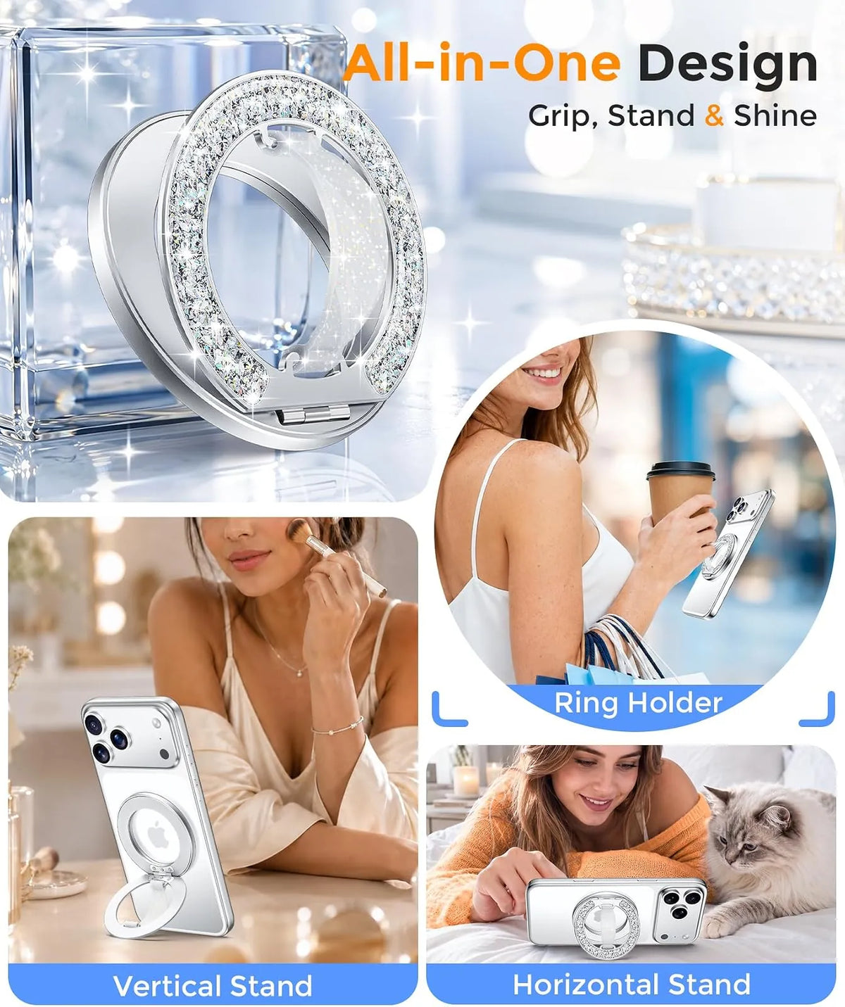 Gripmate Ring in Glitter Silver — all-in-one design, grip, stand and shine