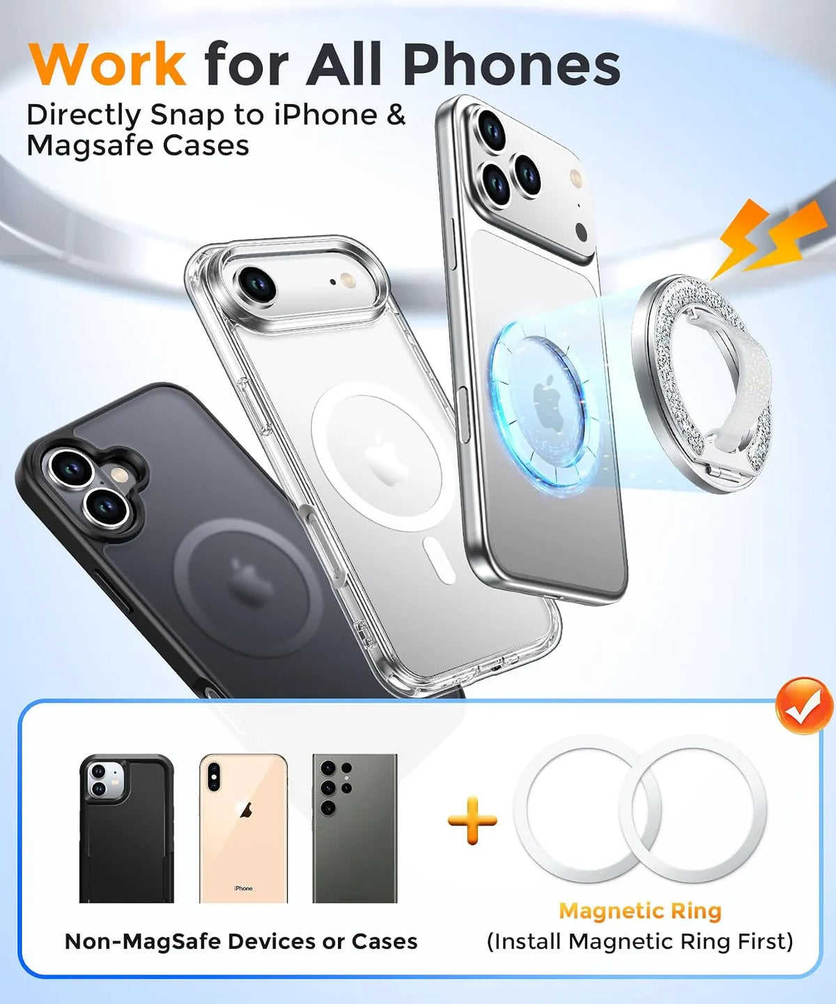 Gripmate Ring in Glitter Silver — works with iPhone and MagSafe cases, metal rings included