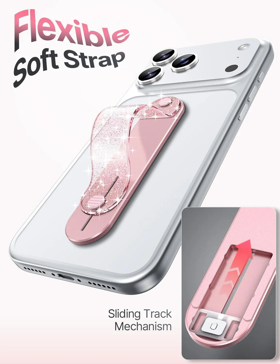 Gripmate Slim Glitter Pink flexible soft strap on a sliding metal track