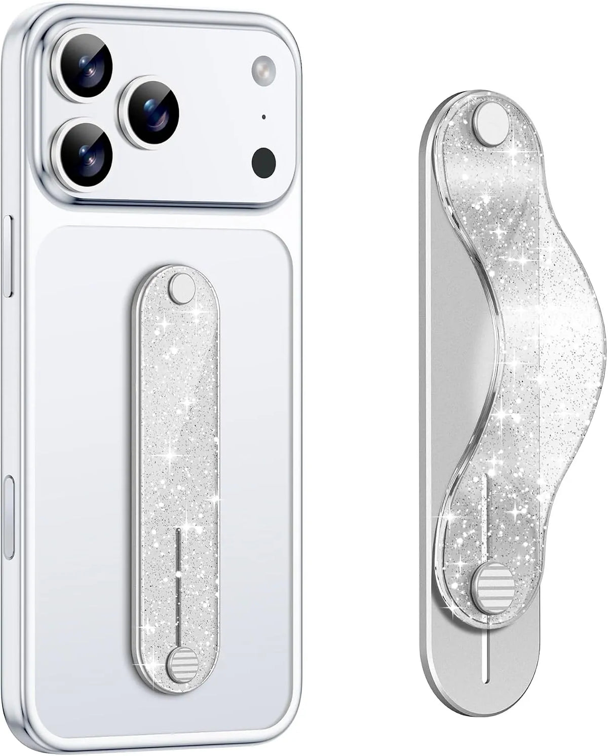 Gripmate Slim adhesive phone grip in Glitter Silver shown on a phone case and side-on