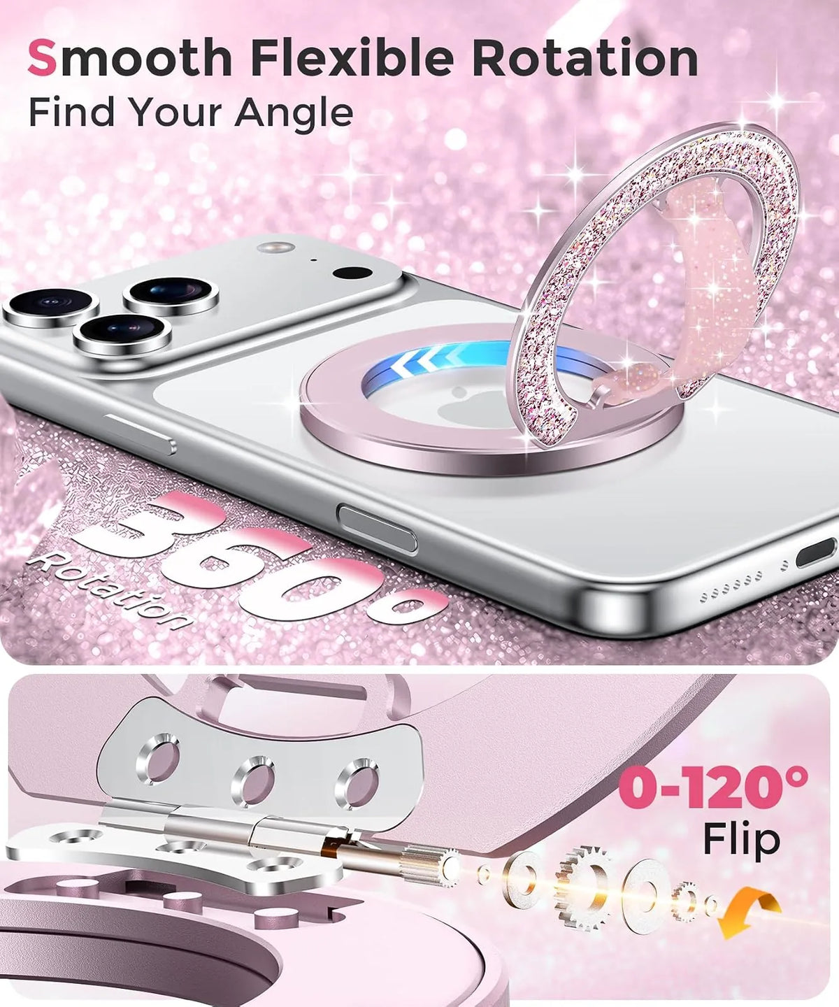 Gripmate Ring in Glitter Pink — smooth 360° rotation and 0–120° flip kickstand
