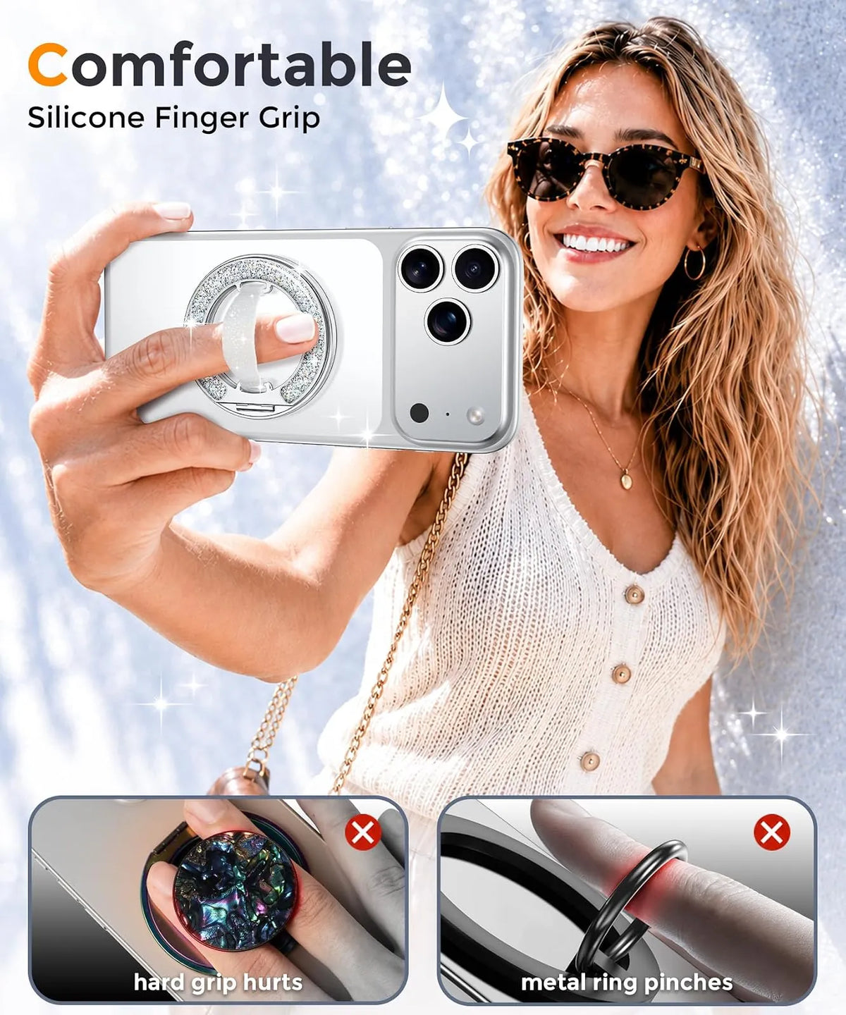 Gripmate Ring in Glitter Silver — comfortable soft silicone finger grip