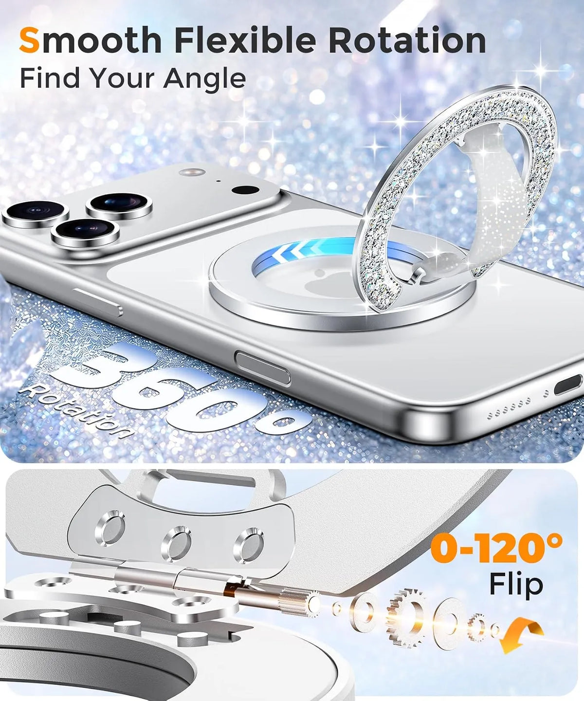 Gripmate Ring in Glitter Silver — smooth 360° rotation and 0–120° flip kickstand
