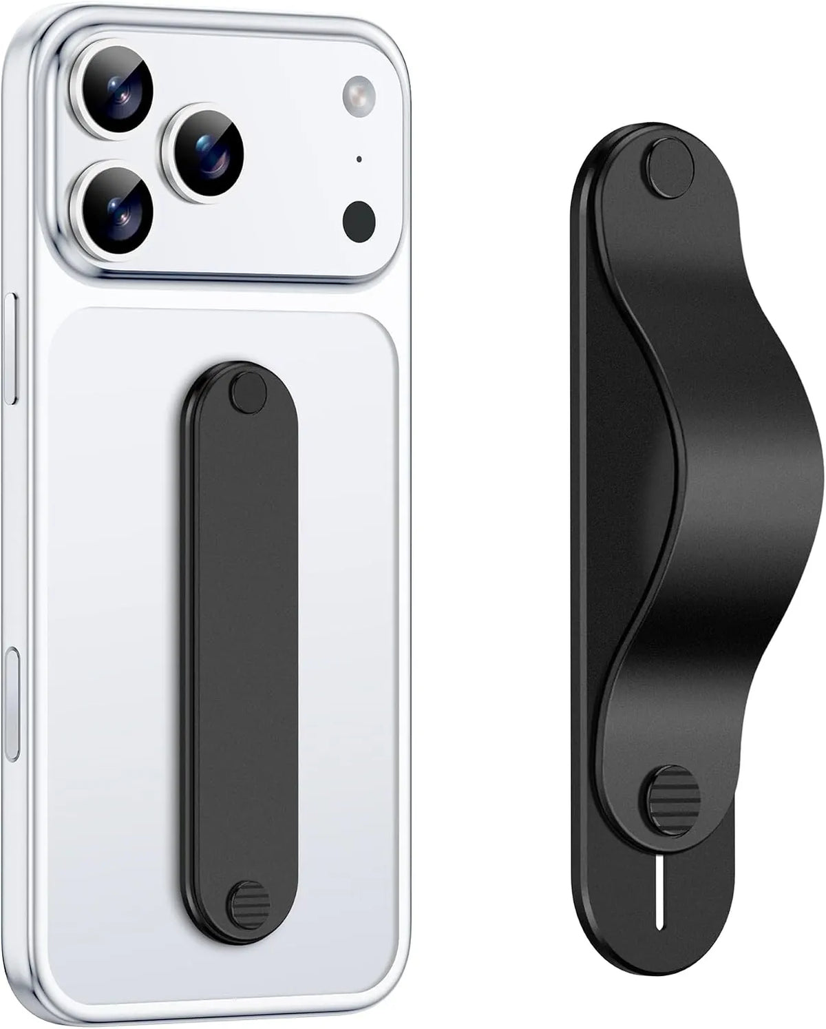 Gripmate Slim adhesive phone grip in Black shown on a phone case and side-on