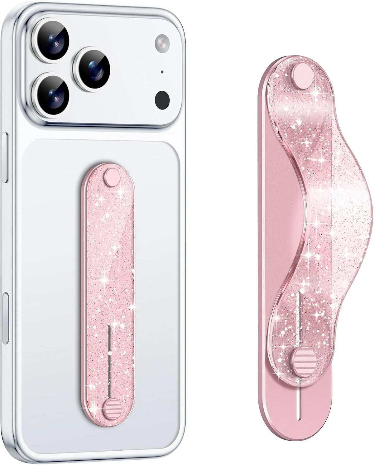 Gripmate Slim adhesive phone grip in Glitter Pink shown on a phone case and side-on