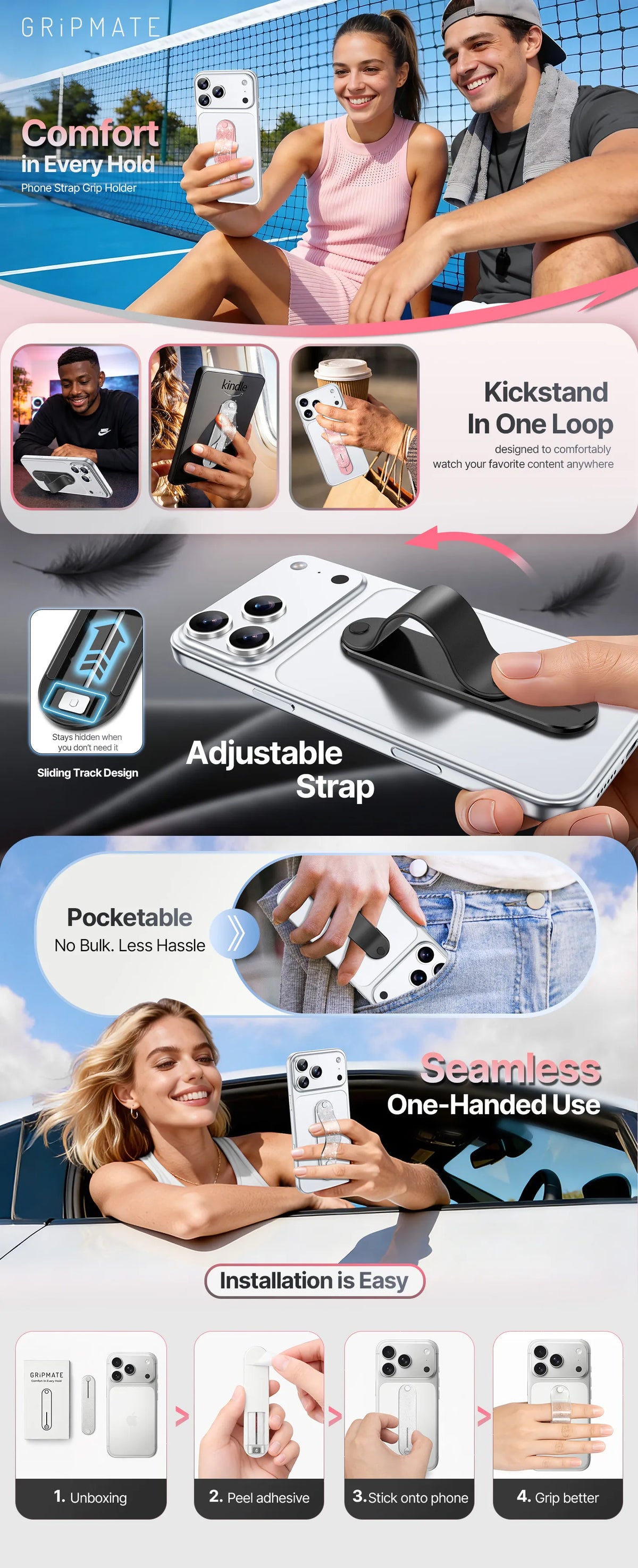 Gripmate Slim adhesive strap grip - features, adjustable strap kickstand and easy installation