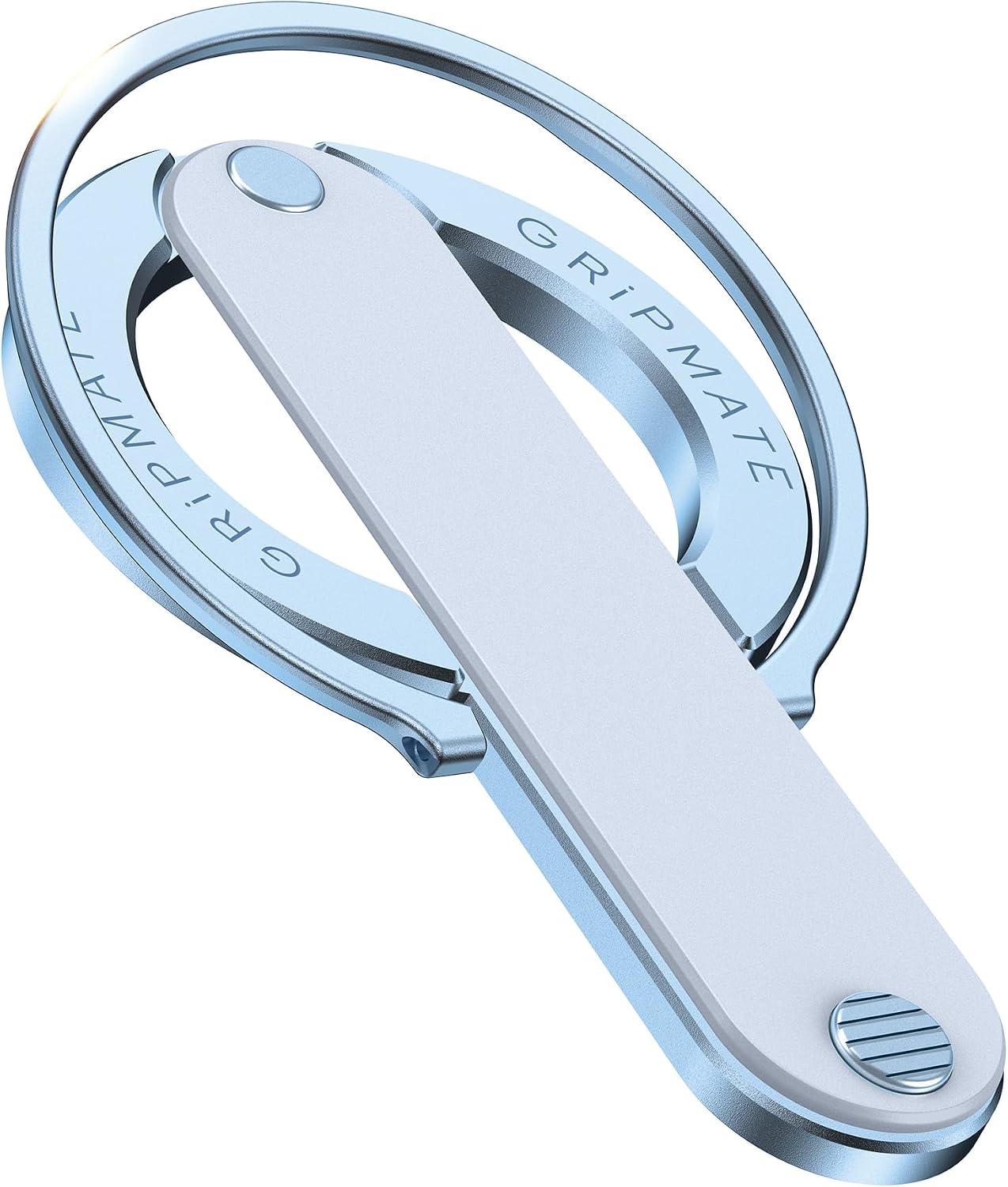 A metallic silver and light blue grip trainer tool with the brand name 'GRIPMATE' engraved on the circular ring, shown on a solid white background.