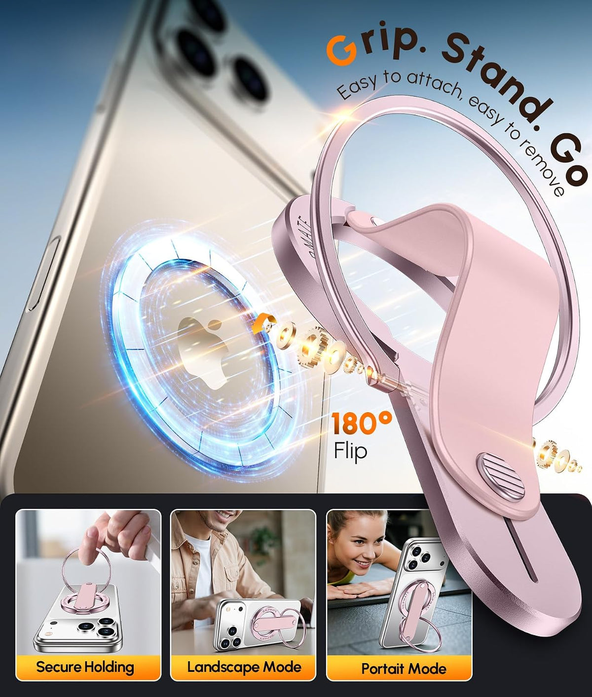Gripmate 2 in Pink — easy to attach and remove, 180° flip kickstand for landscape and portrait viewing