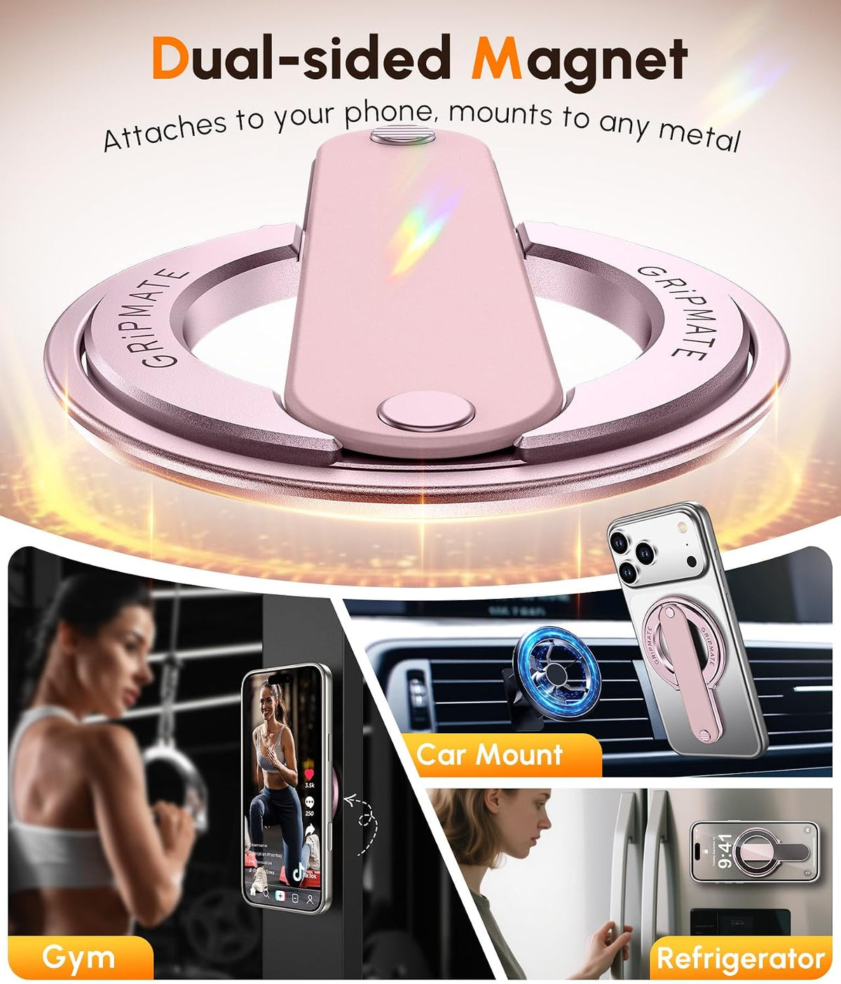 Gripmate 2 in Pink — dual-sided magnet mounts to car vents, gym equipment and fridges