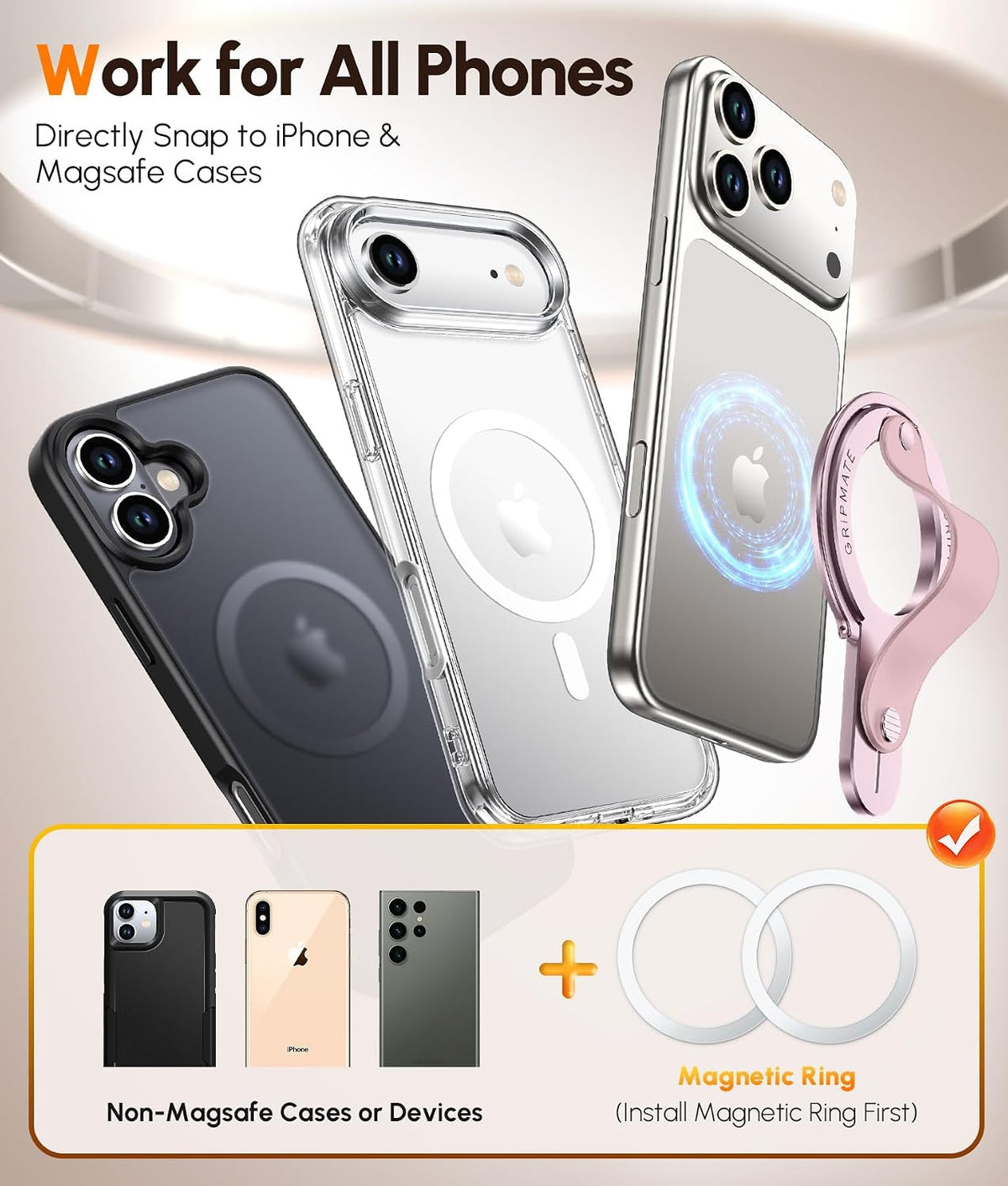 Gripmate 2 in Pink — snaps onto iPhone and MagSafe cases, works with other phones via a magnetic ring