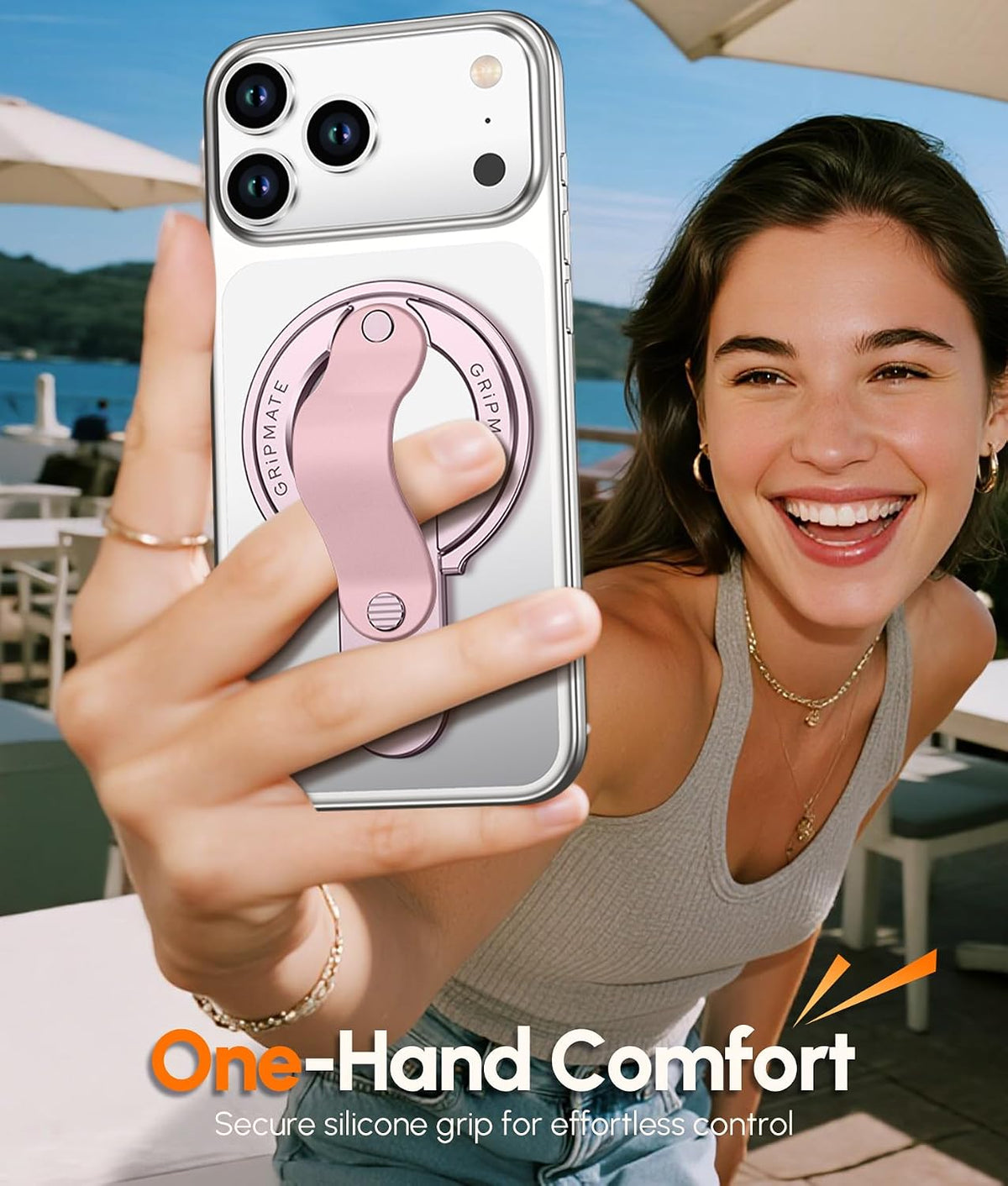 Gripmate 2 in Pink — one-hand comfort with a soft, secure loop grip