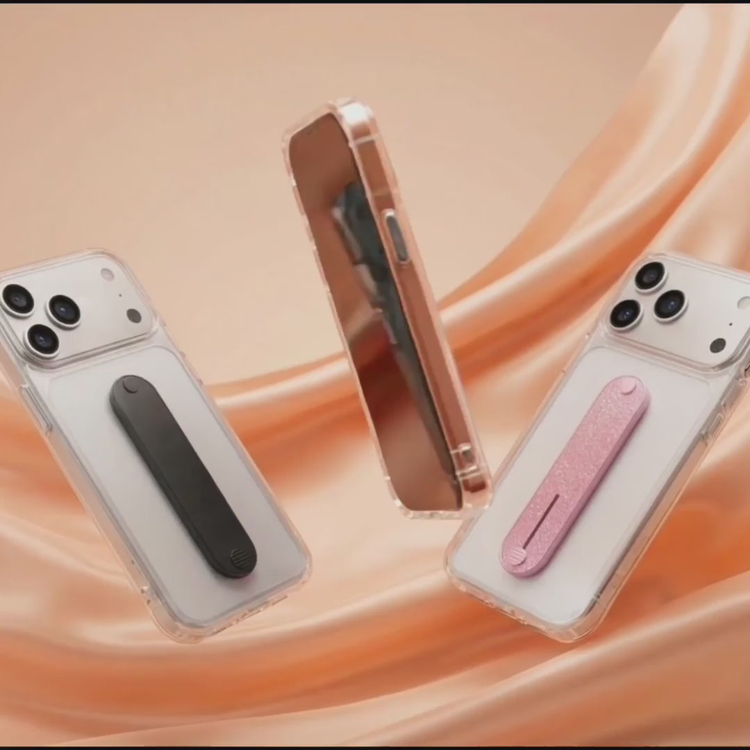 Gripmate Slim adhesive phone grip in Glitter Silver - strap and kickstand in action